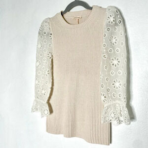 Rebecca Taylor Pink Cotton Silk Ribbed Puff Sleeve Sweater. Size Small